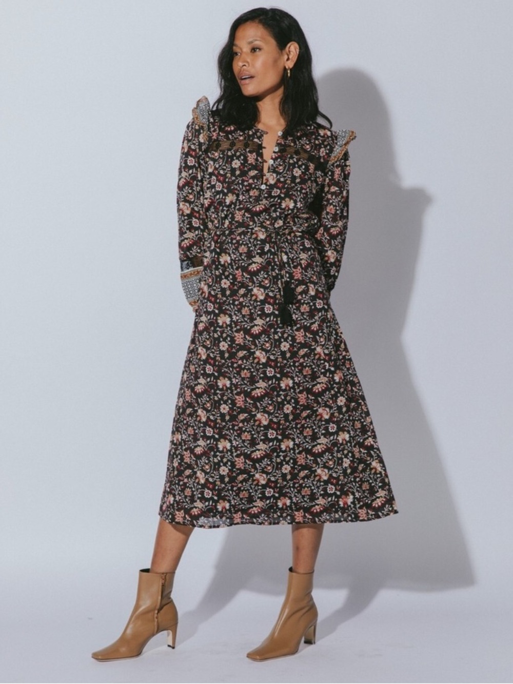 Cleobella Lotus Midi Dress Lolita Block Print Long Sleeve Organic Cotton Lined